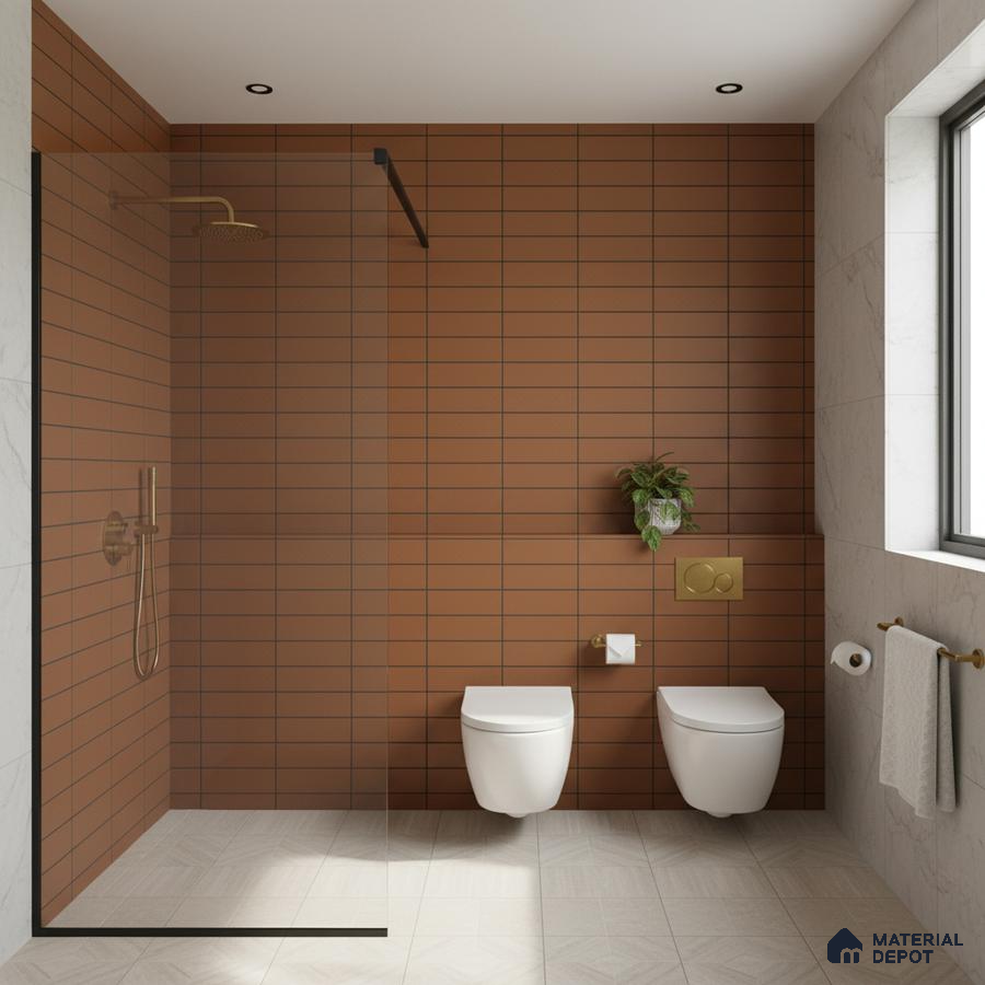 Modern bathroom with terracotta horizontal subway wall tiles and light beige geometric floor tiles
