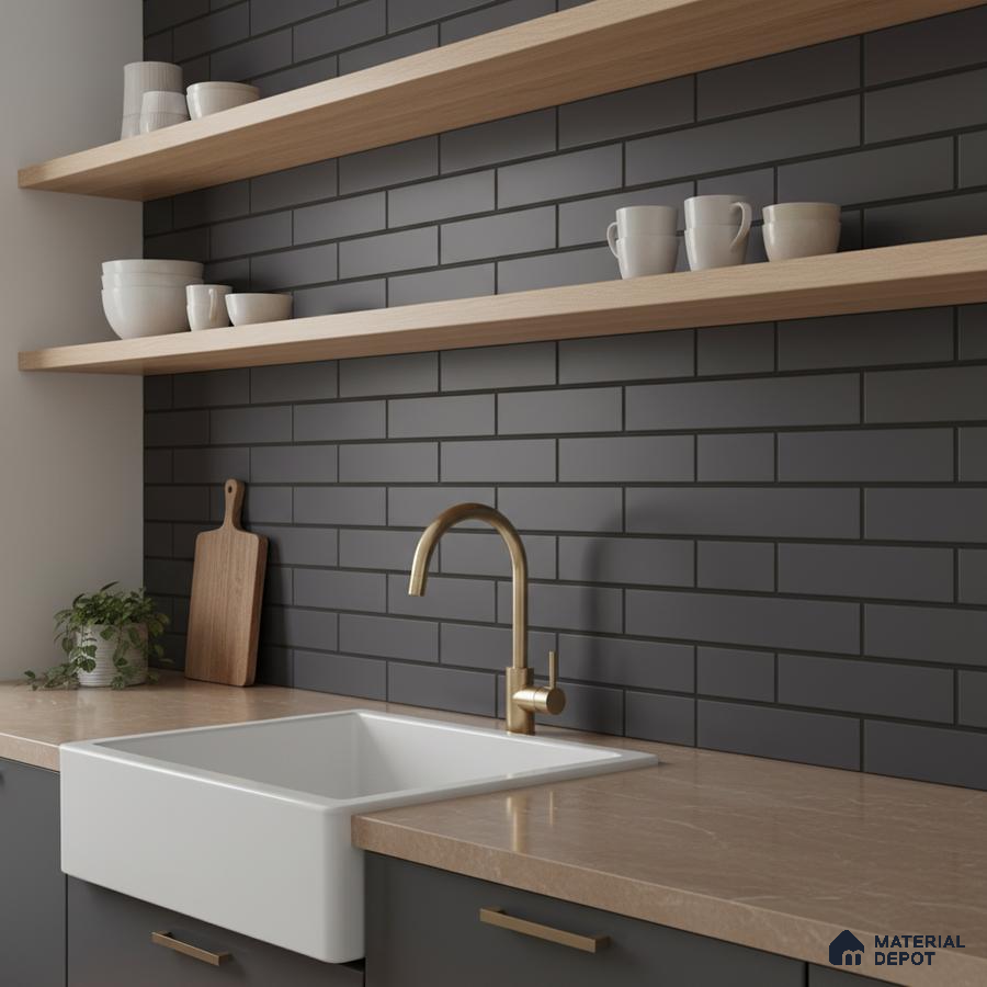 Modern kitchen with matte black subway tile backsplash, beige marble countertop, and light oak open shelves
