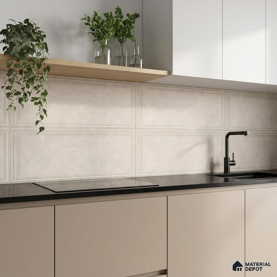 Modern kitchen with beige matte laminate cabinets, black quartz countertop, and ivory panelled wall tiles