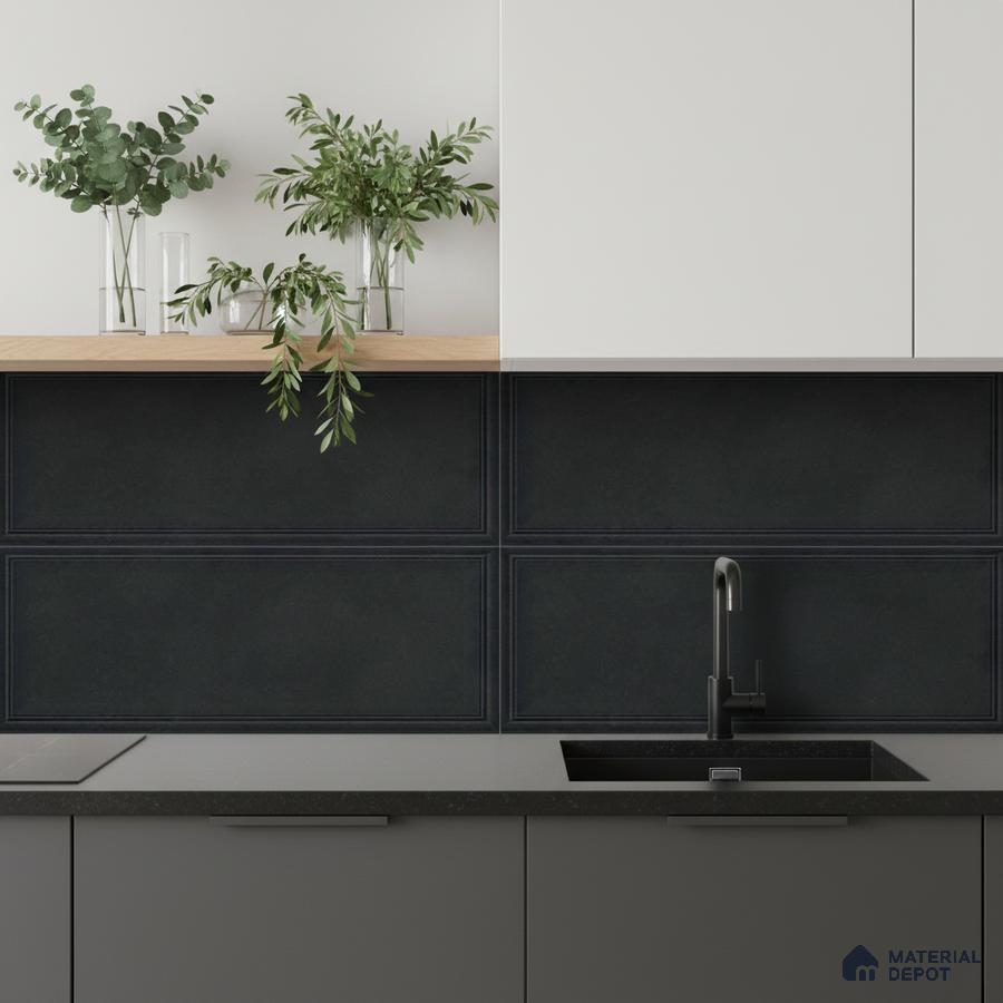 Minimalist kitchen with matte black backsplash tile, grey laminate base cabinets, and frosty white laminate wall cabinets