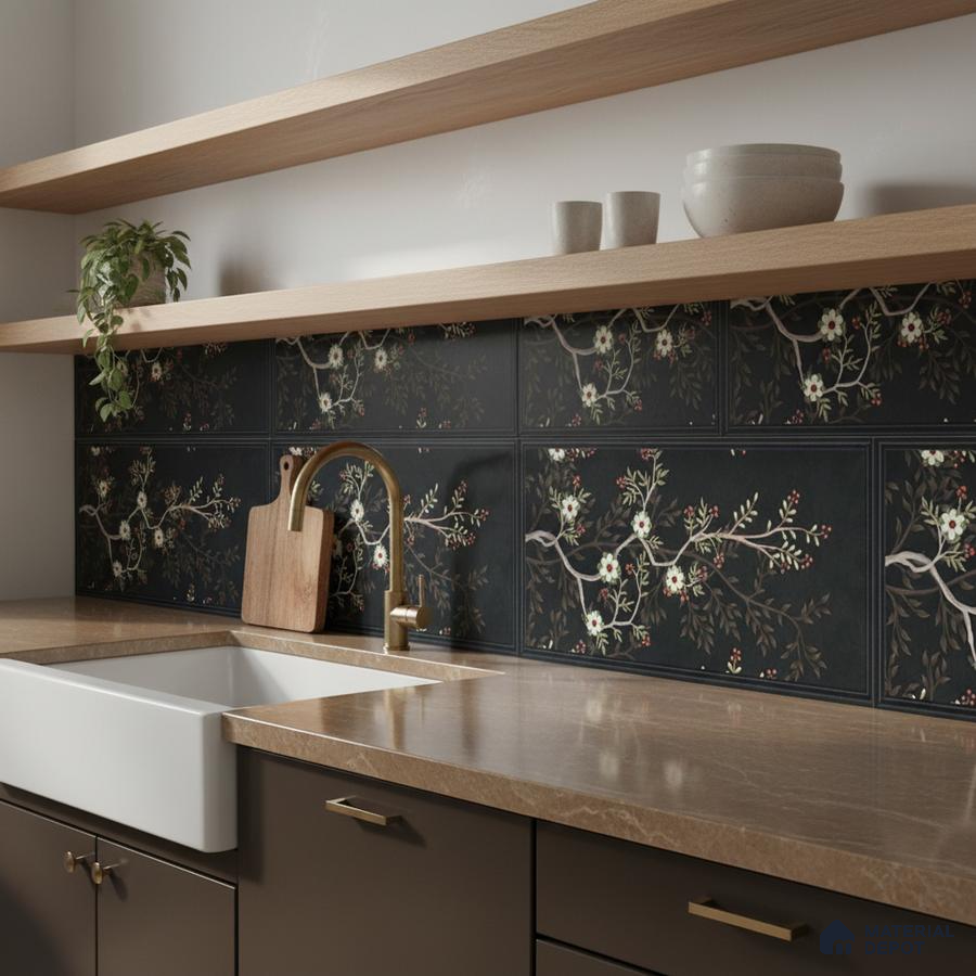 Modern kitchen with floral patterned black backsplash tile and beige marble countertop