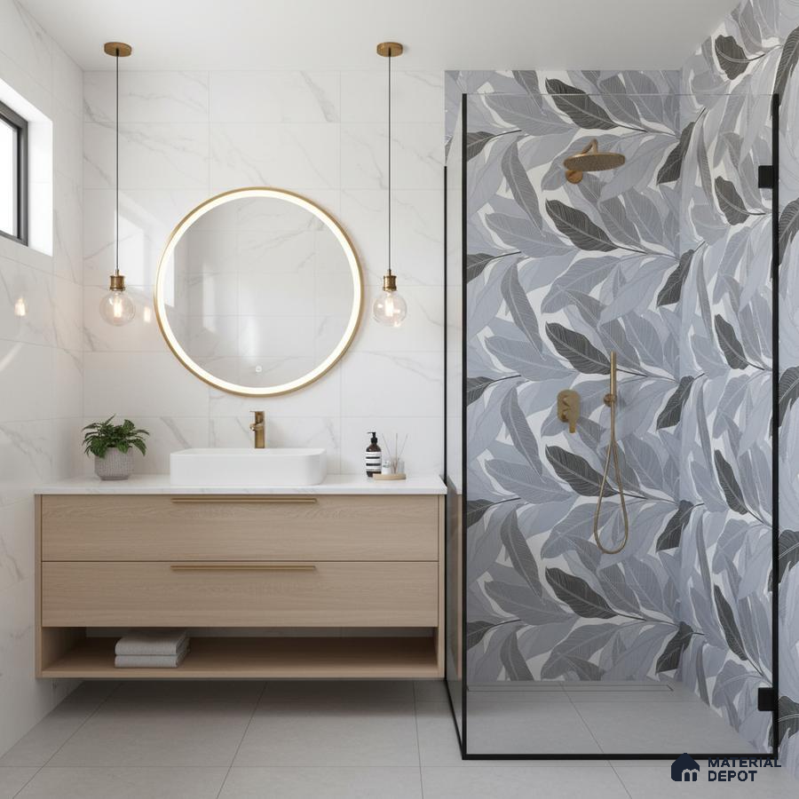 Modern bathroom with leaf-patterned highlighter wall tile, white marble-look wall tile, and light wood floating vanity