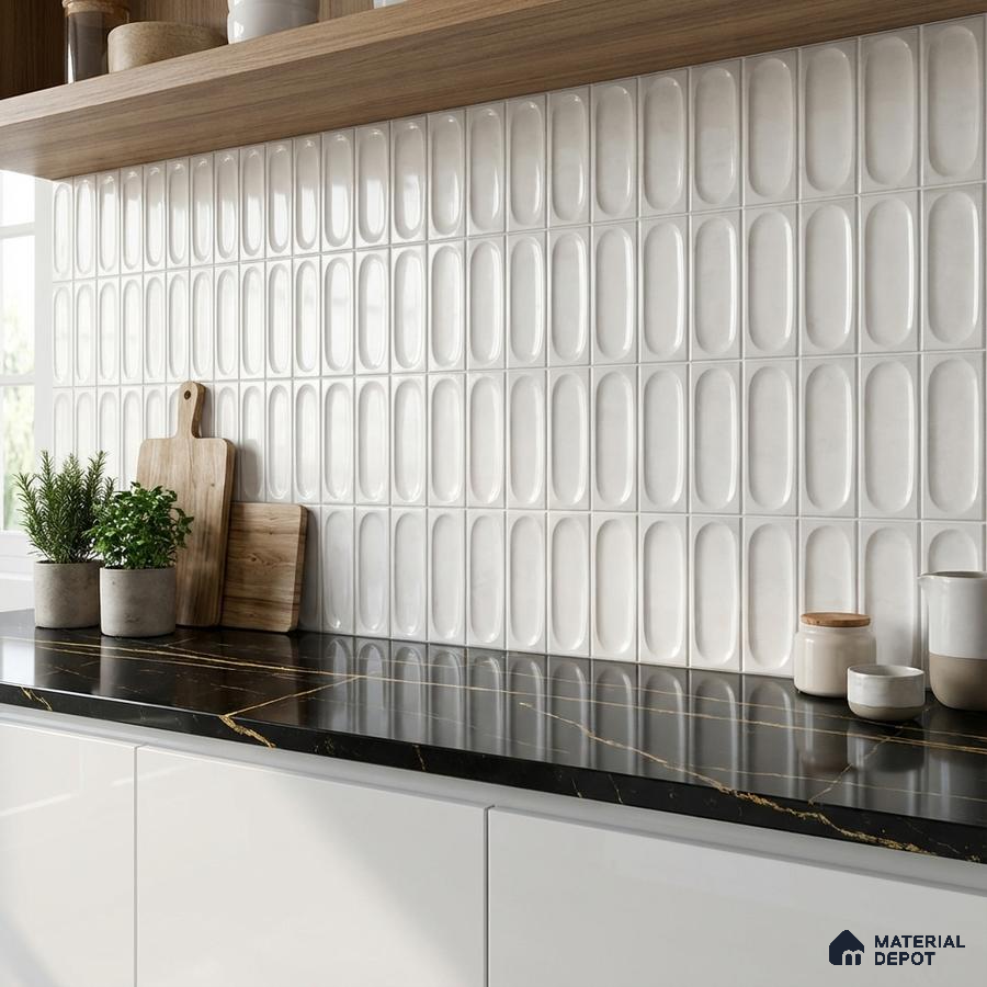 Modern kitchen with white oval 3D wall tiles, black marble countertop, and white laminate cabinets