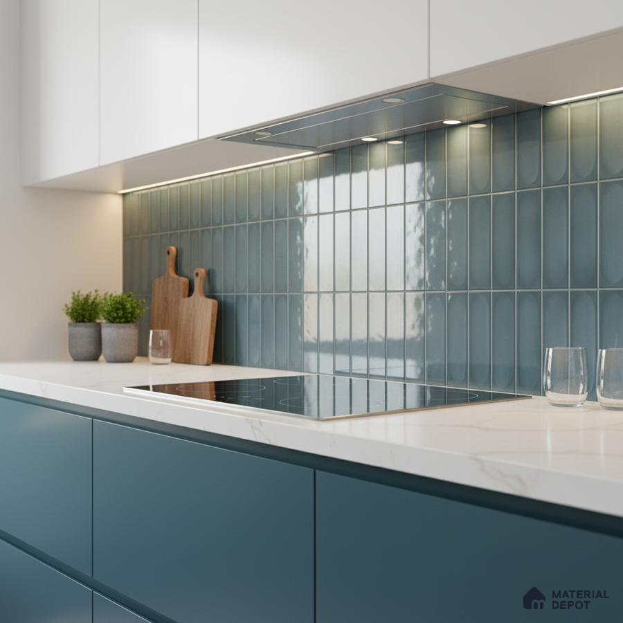 Modern kitchen with teal blue laminate cabinets, white marble-look quartz countertop, and glossy teal vertical subway backsplash tiles