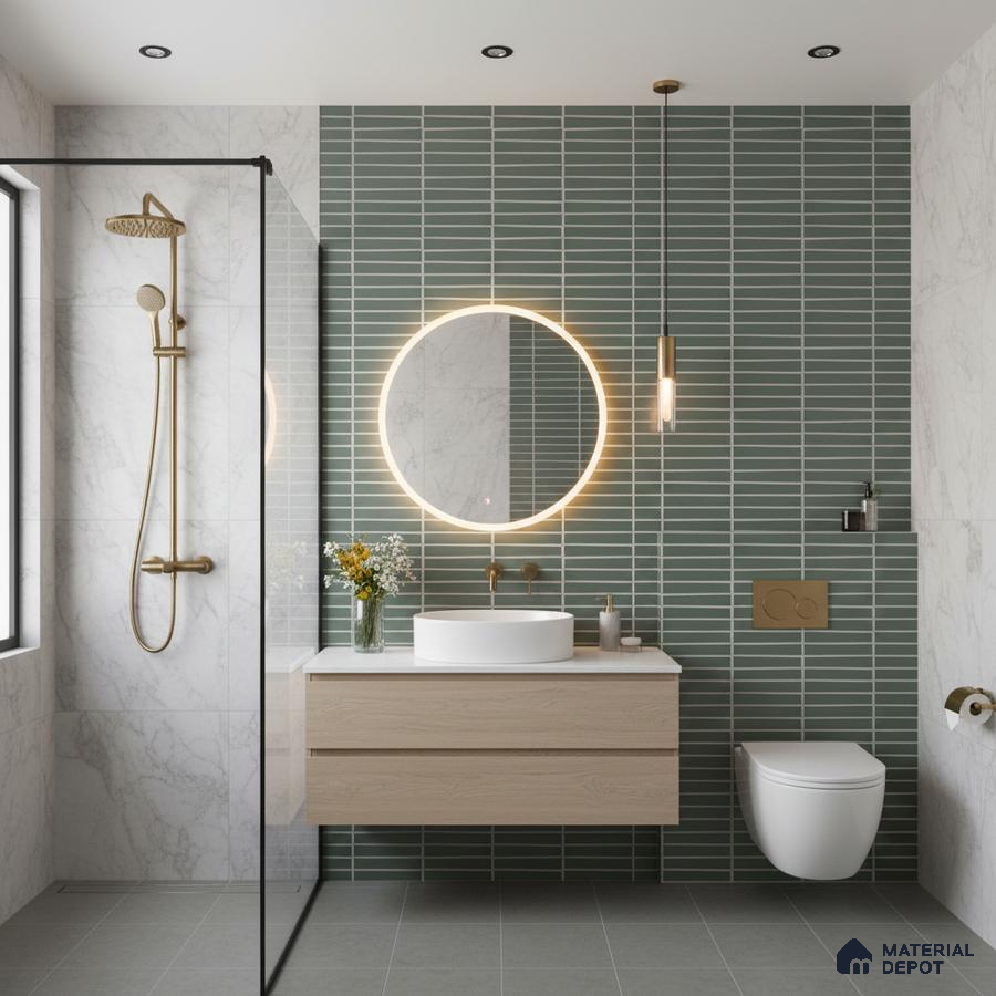 Modern bathroom with sage green kitkat wall tiles, marble wall tiles, and light wood floating vanity
