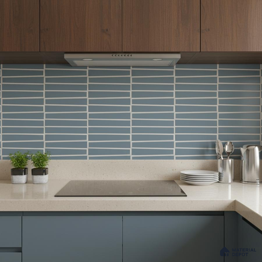 Modern kitchen with walnut laminate cabinets, blue geometric backsplash tile, and beige quartz countertop