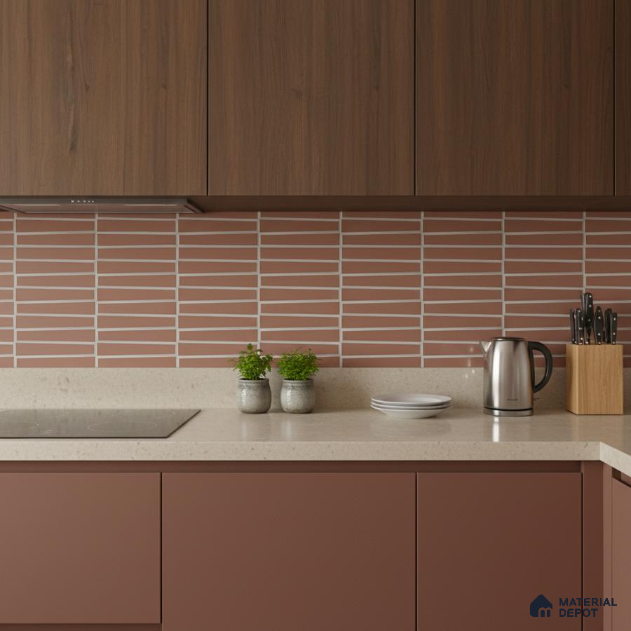 Modern kitchen with walnut wood laminate, terracotta solid color laminate, and beige quartz countertop