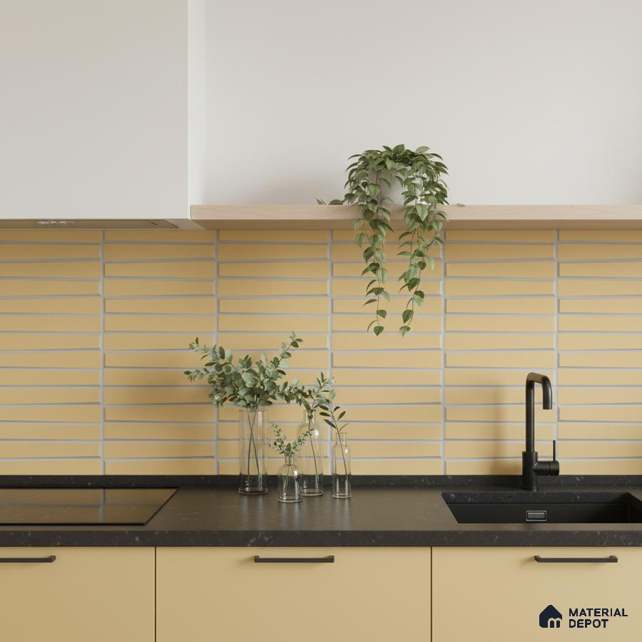 Modern kitchen with matte yellow laminate cabinets, yellow subway backsplash tile, and black quartz countertop