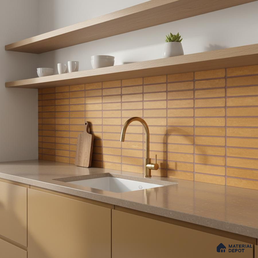 Minimalist kitchen with matte beige laminate cabinets, taupe quartz countertop, and ochre kitkat backsplash tiles