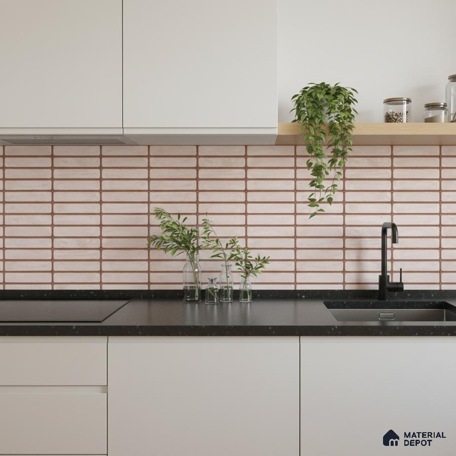 Minimalist kitchen with frosty white laminate cabinets, black quartz countertop, and blush pink kitkat subway backsplash tiles