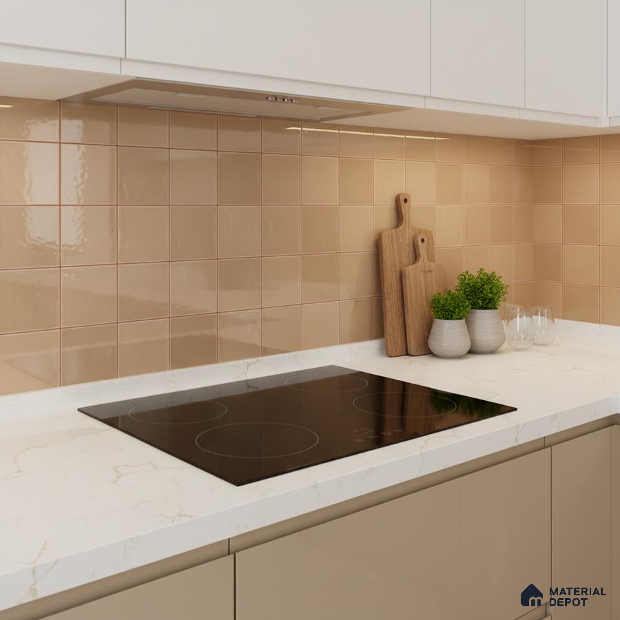 Modern kitchen with beige glossy square backsplash tiles and white marble-look quartz countertop