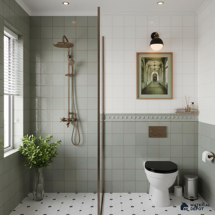 Scandinavian kitchen with sage green laminate cabinets, white terrazzo countertop, and pale grey square backsplash tiles