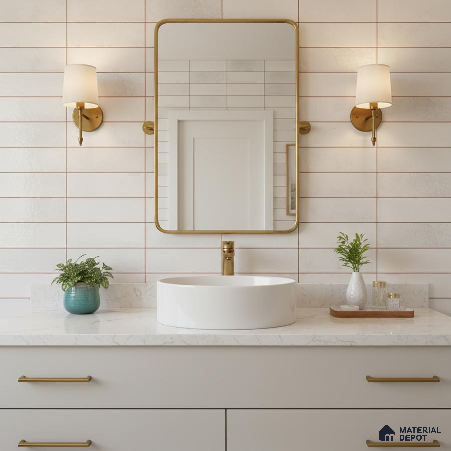 Modern bathroom with white quartz countertop, matte white wall tiles, and gold hardware