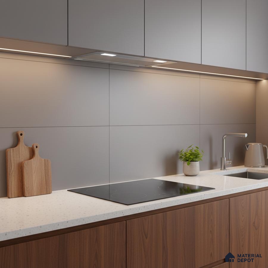 Minimalist kitchen with walnut wood laminate base cabinets, matte grey laminate upper cabinets, and white quartz countertop