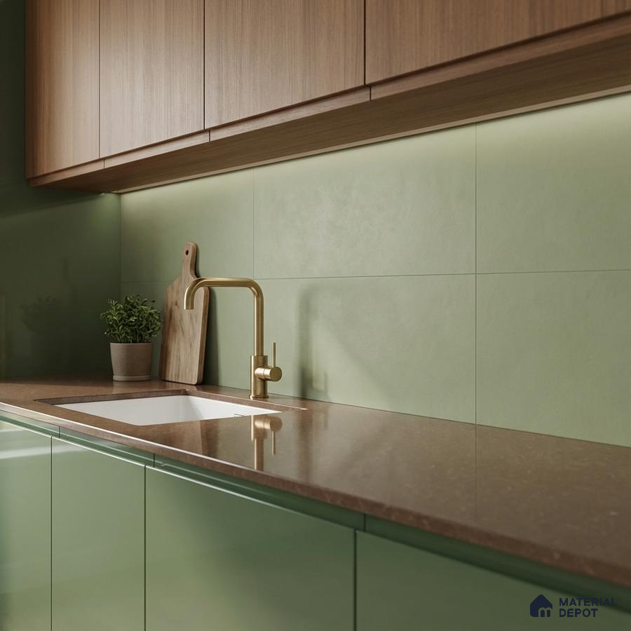 Modern kitchen with sage green laminate cabinets, brown quartz countertop, and wood grain upper cabinets