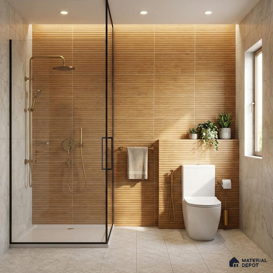 Scandinavian bathroom with wood-look fluted wall tiles and geometric patterned floor tiles