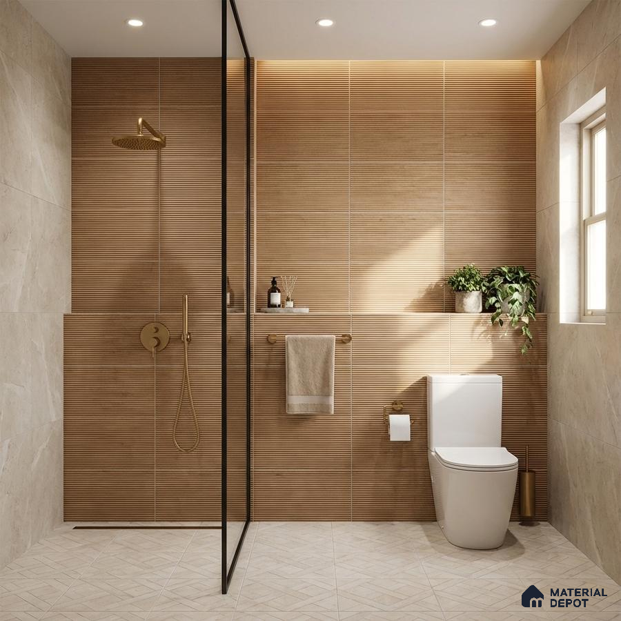 Minimalist bathroom with beige fluted wall tiles and light beige geometric floor tiles