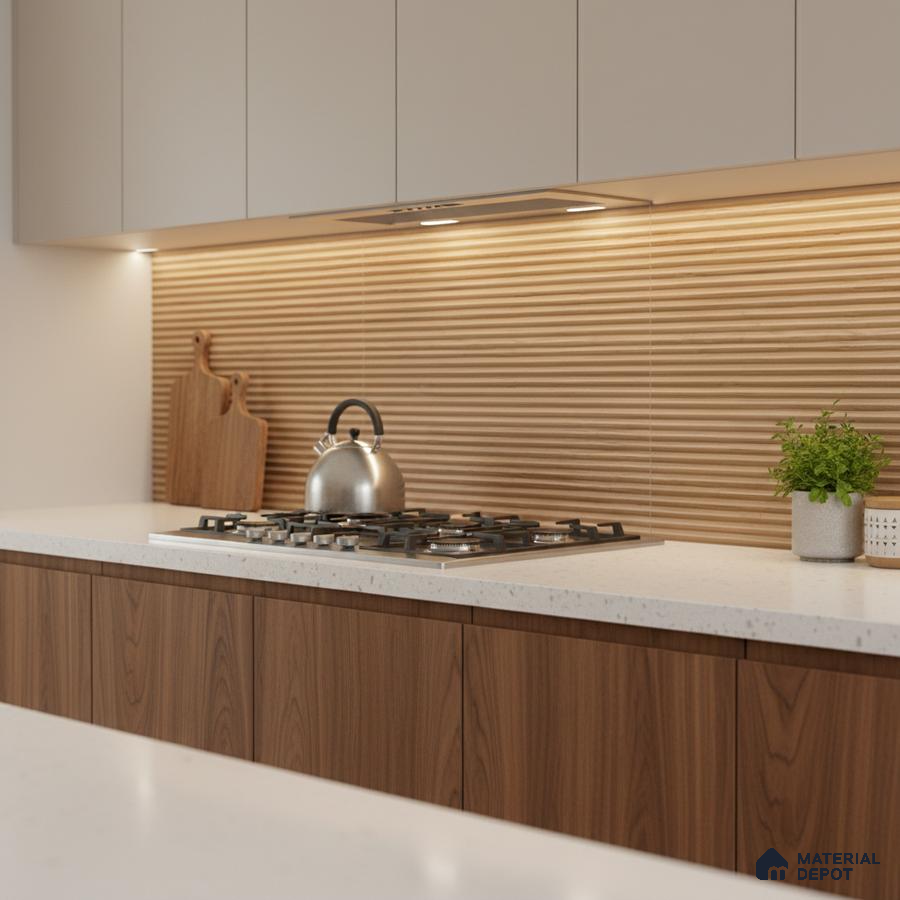 Scandinavian kitchen with walnut wood laminate, white quartz countertop, and fluted wood backsplash tile