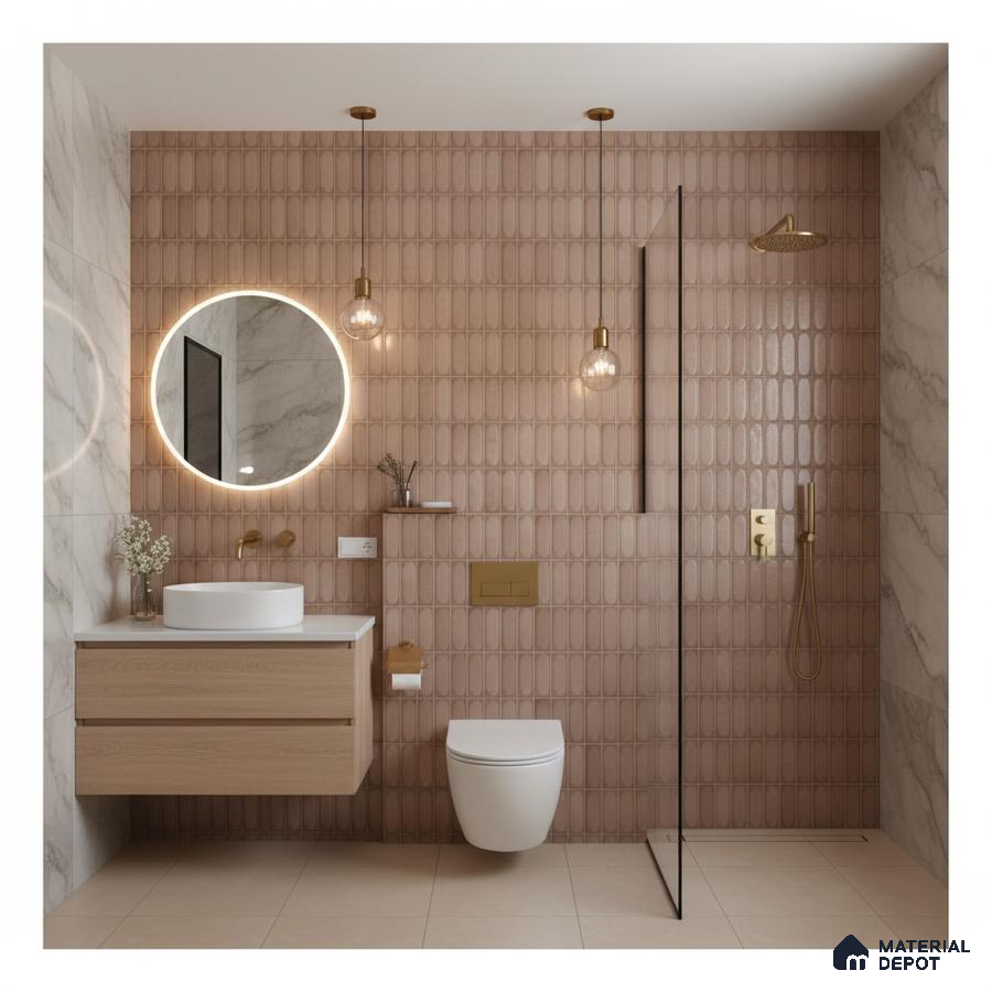 Modern bathroom with terracotta fluted wall tiles, marble-look wall tiles, and light wood floating vanity
