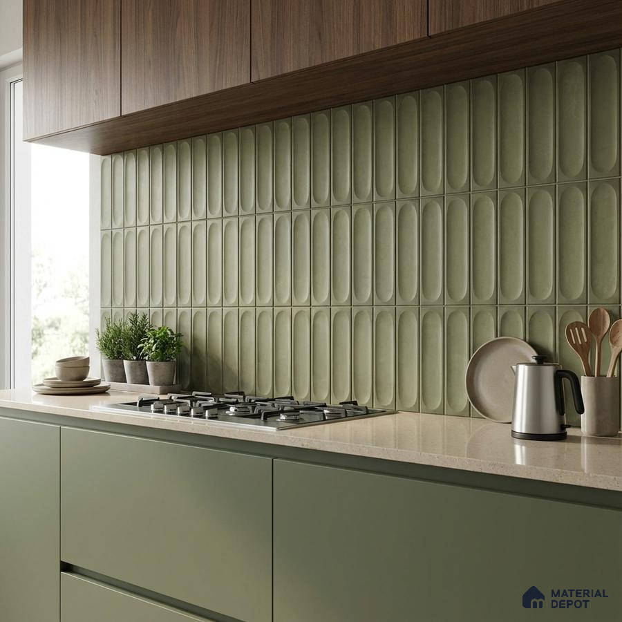Modern kitchen with sage green laminate cabinets, olive green kitkat wall tiles, and beige quartz countertop