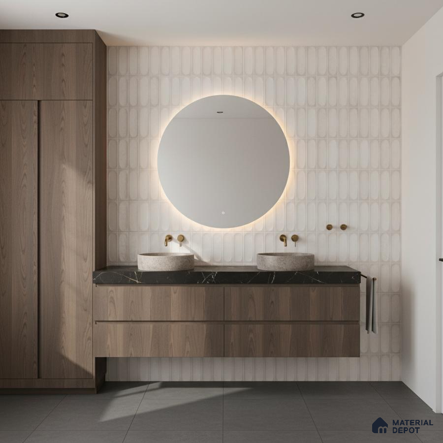 Minimalist bathroom with wood laminate vanity, black quartz countertop, and elongated white wall tiles