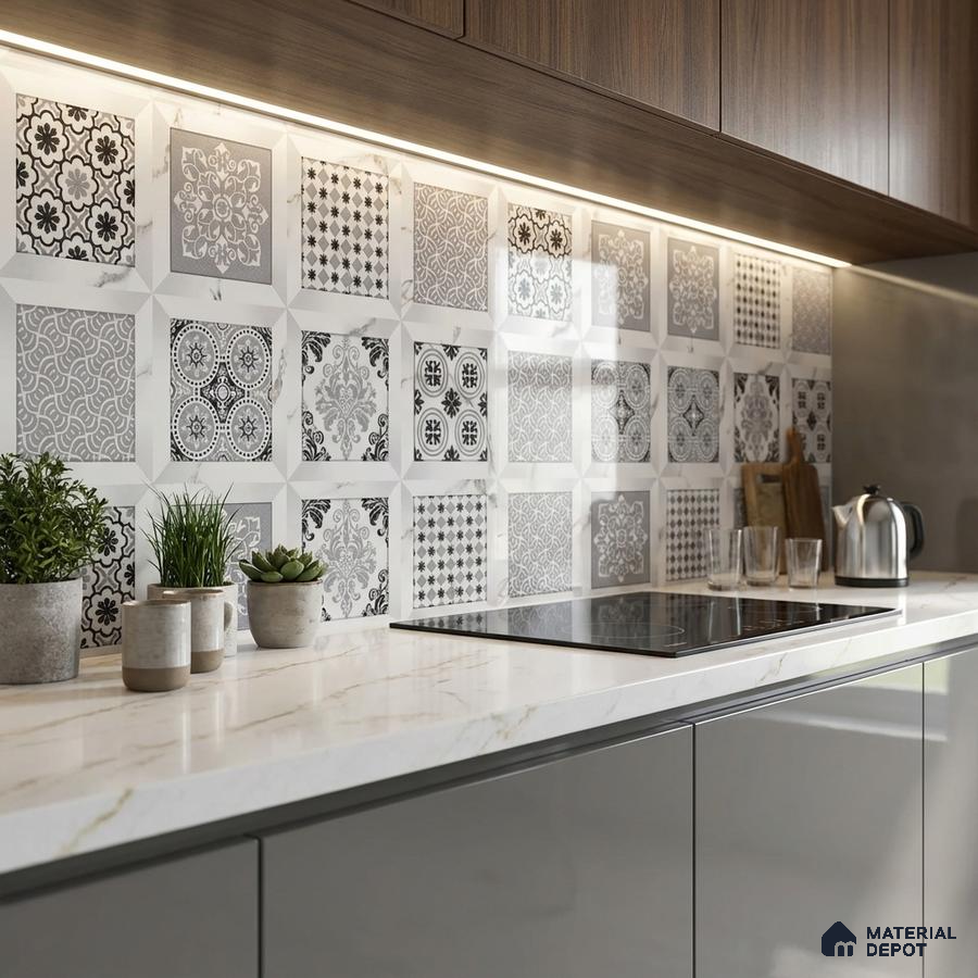 Modern kitchen with patterned black-and-white backsplash tiles, marble-look quartz countertop, and walnut wood laminate cabinets