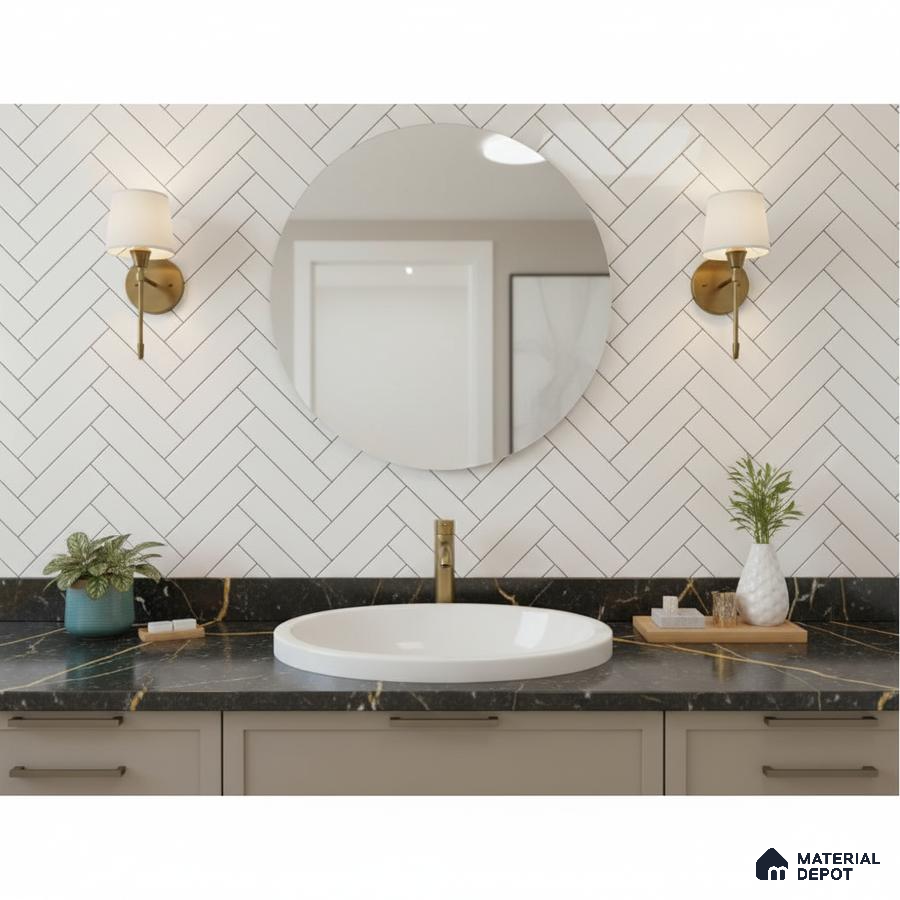 Minimalist kitchen with white herringbone subway tile backsplash and wood open shelf