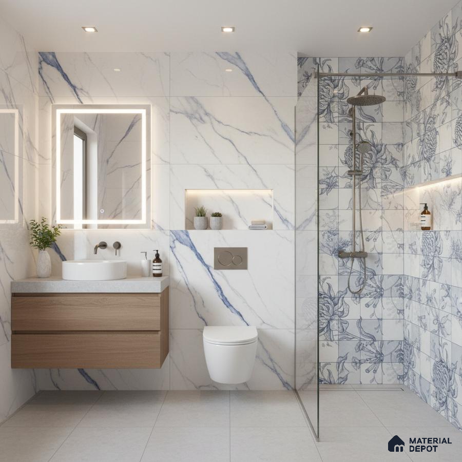 Modern bathroom with blue vein marble wall tiles and floral patterned shower tiles