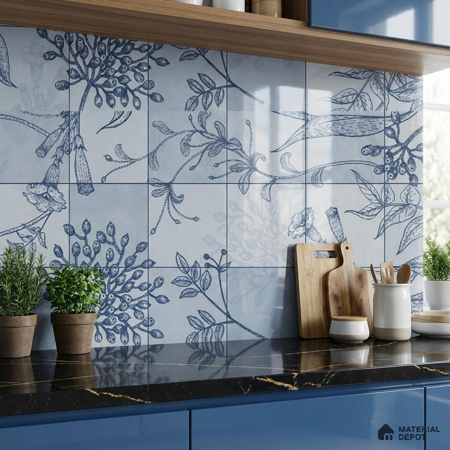 Modern kitchen with blue floral patterned backsplash tiles, black marble countertop, and blue laminate cabinets
