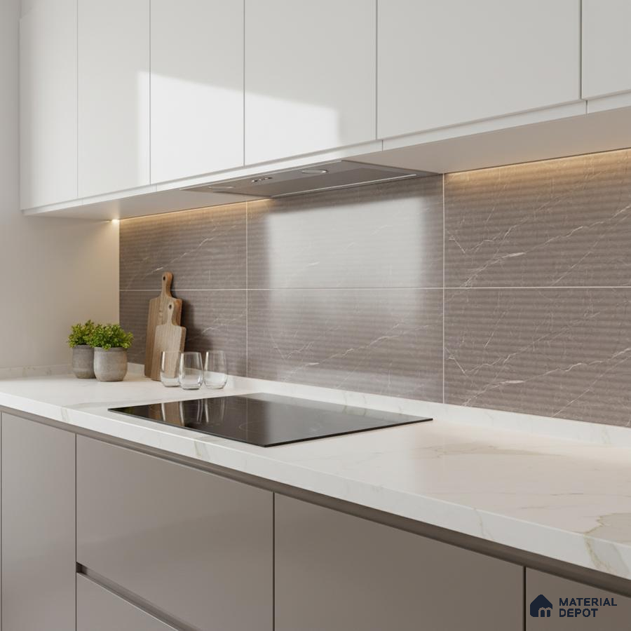 Modern kitchen with white marble-look quartz countertop and taupe marble-look backsplash tile
