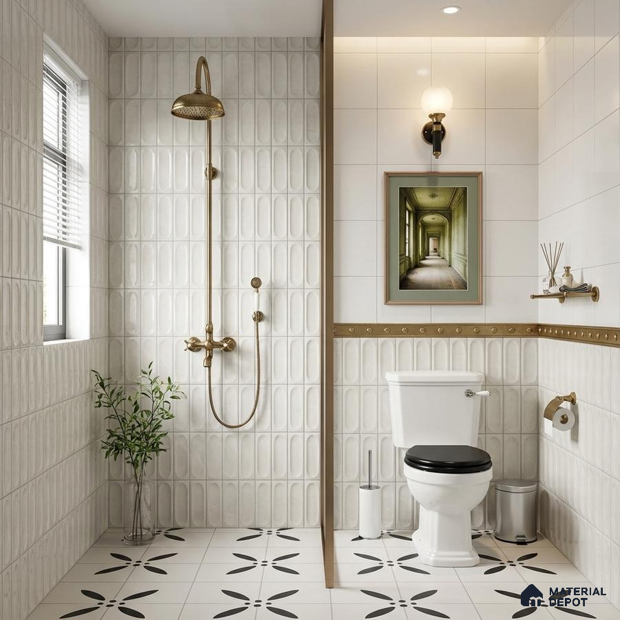 Modern bathroom with white 3D wall tiles and black-and-white floral patterned floor tiles