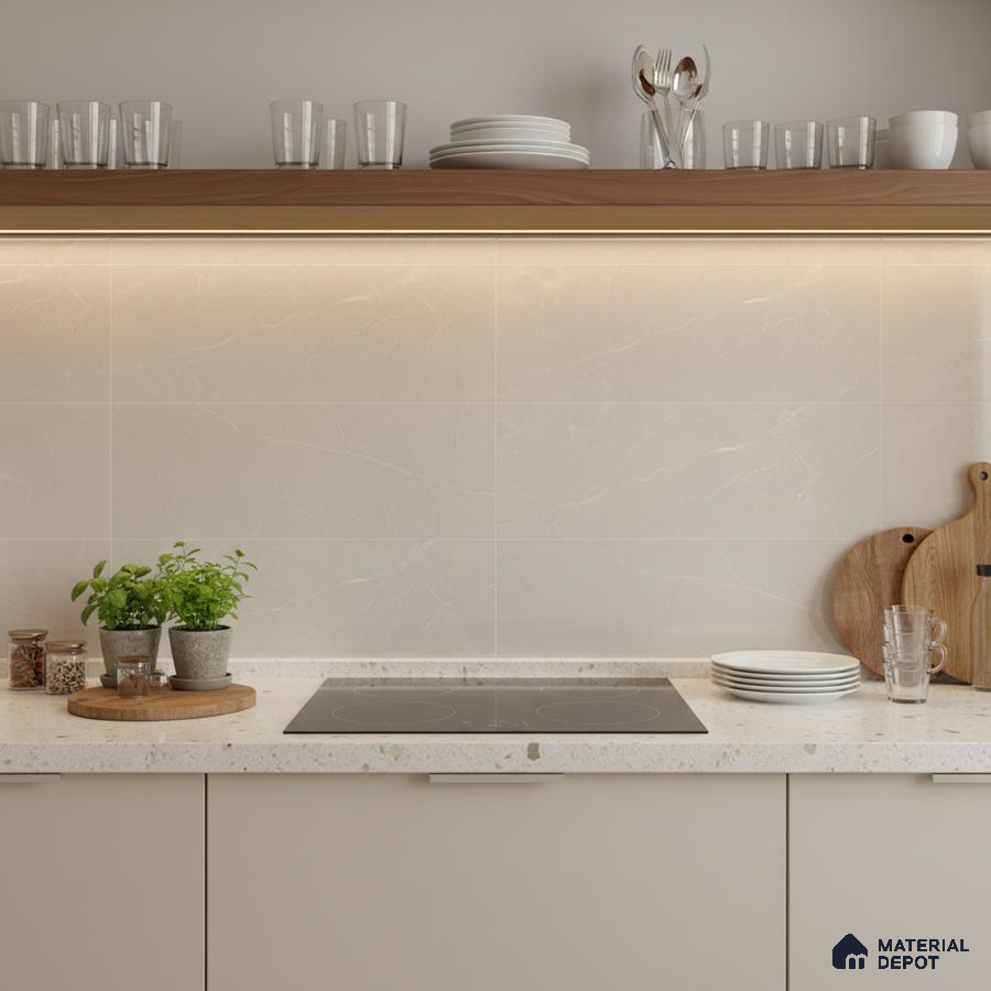 Minimalist kitchen with white marble-look backsplash tile, terrazzo countertop, and walnut wood shelf
