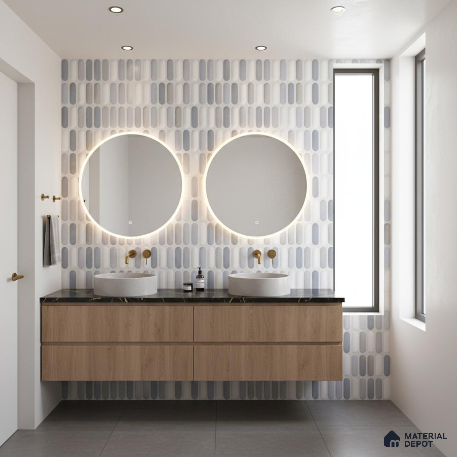 Scandinavian bathroom with light wood floating vanity, black quartz countertop, and grey kitkat wall tiles