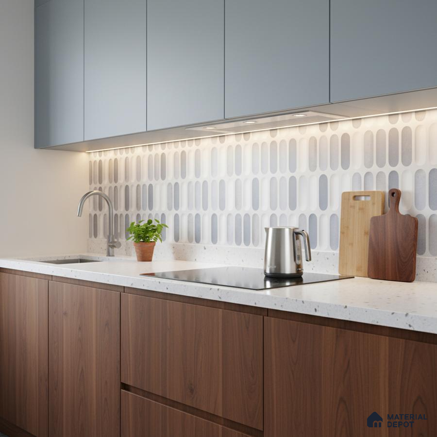 Modern kitchen with light blue laminate, walnut wood laminate, terrazzo countertop, and geometric white backsplash tile