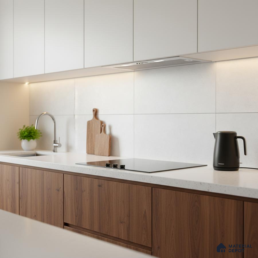 Minimalist kitchen with white laminate cabinets, walnut wood laminate base, and white quartz countertop