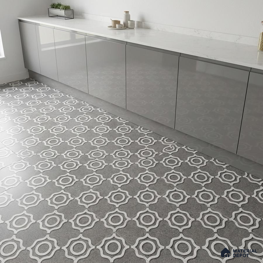 Modern kitchen with grey high gloss laminate cabinets and white marble countertop with geometric patterned floor tiles