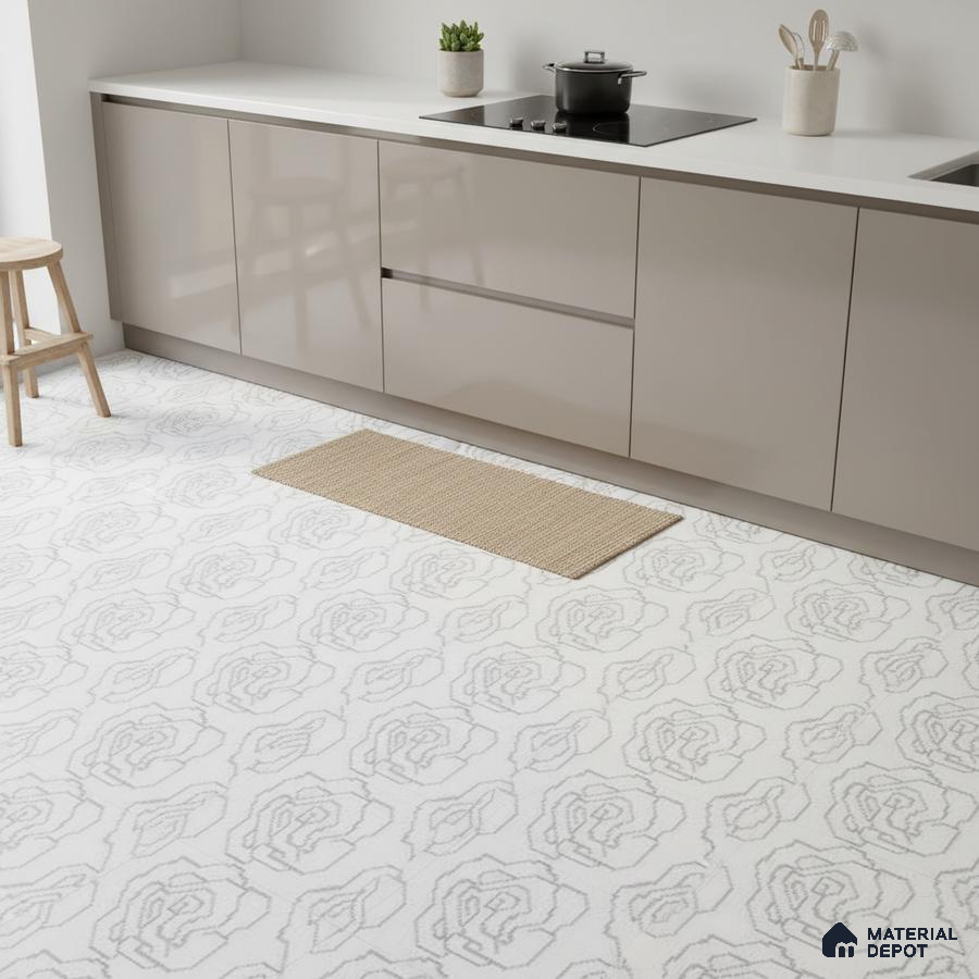 Minimalist kitchen with taupe high gloss laminate cabinets and white floral patterned floor tiles