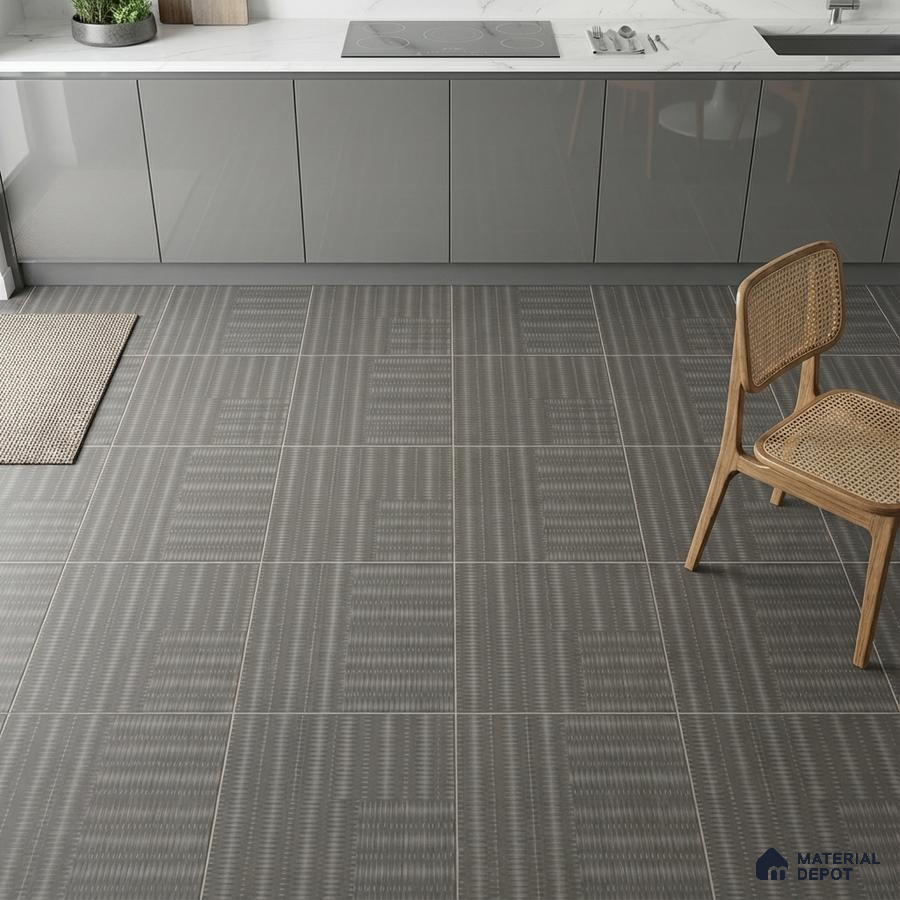 Modern kitchen with glossy grey laminate cabinets and patterned grey floor tiles