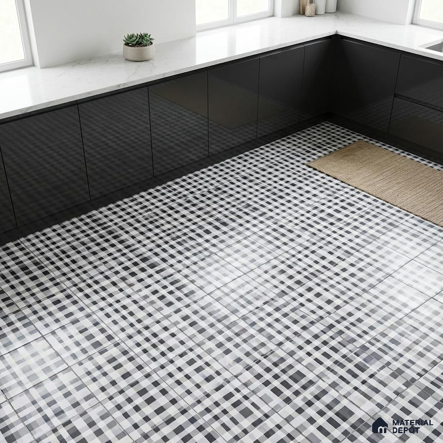 Modern kitchen with glossy black laminate cabinets, white marble-look quartz countertop, and black-and-white checkered floor tiles