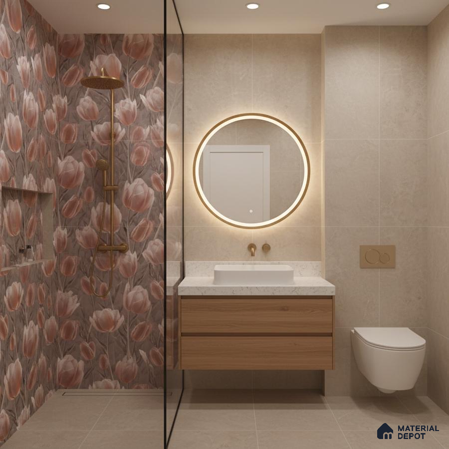 Modern bathroom with floral highlighter wall tiles, beige stone tiles, and floating wood vanity