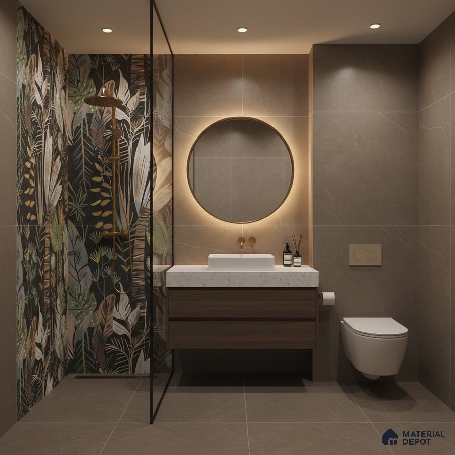 Modern bathroom with tropical highlighter wall tile, taupe stone wall tiles, and floating wood vanity