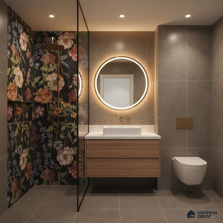Modern bathroom with floral highlighter wall tiles, taupe marble-look tiles, and wood vanity