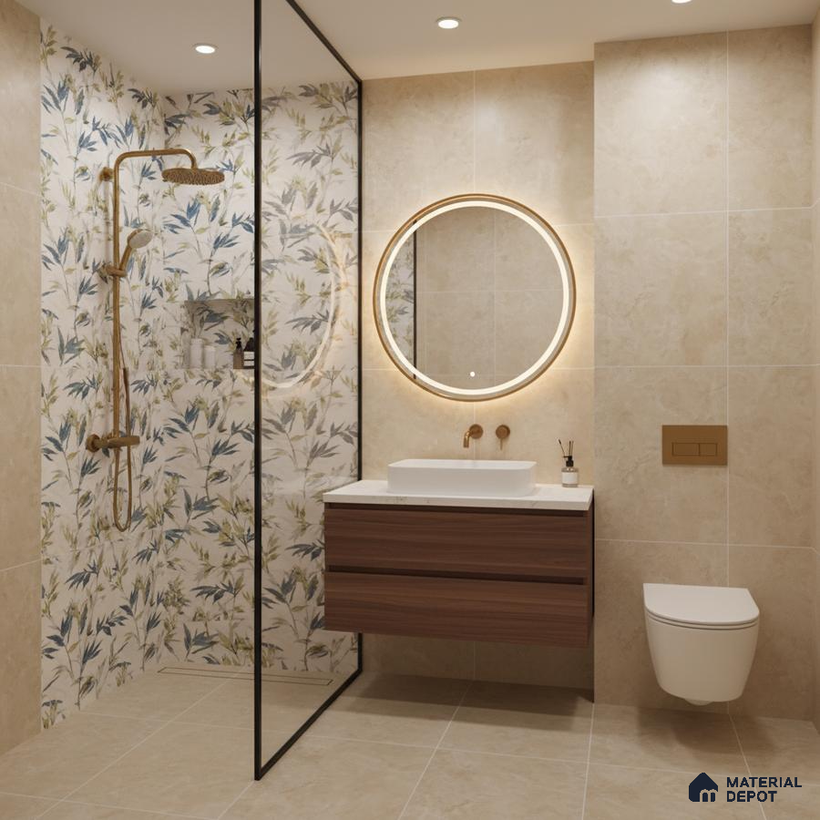 Modern bathroom with beige marble-look tiles, floral highlighter wall tile, and walnut wood vanity