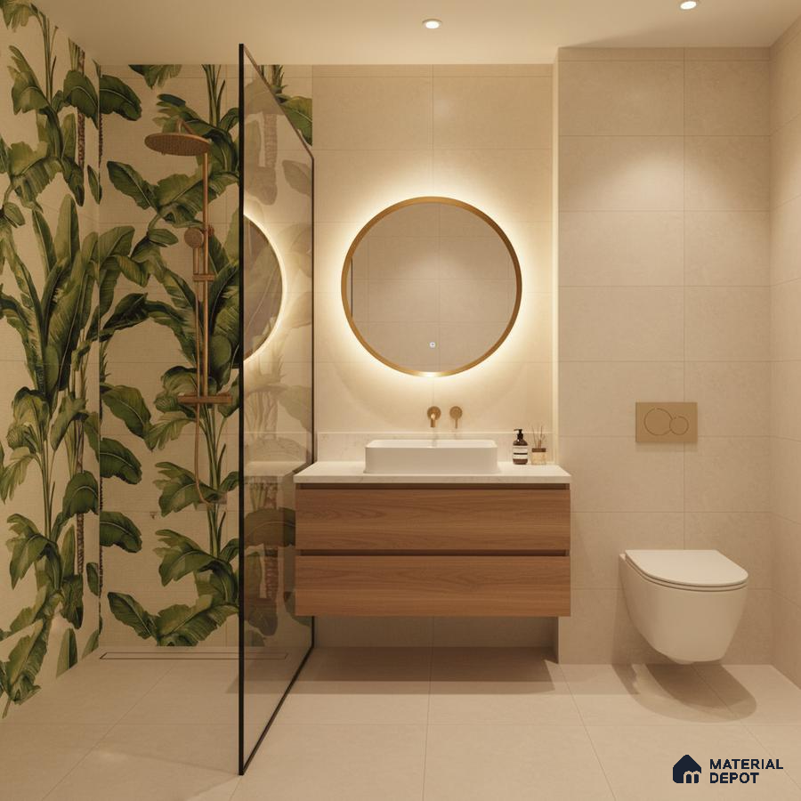 Modern bathroom with tropical highlighter wall tile, beige matte wall tiles, and floating wood vanity