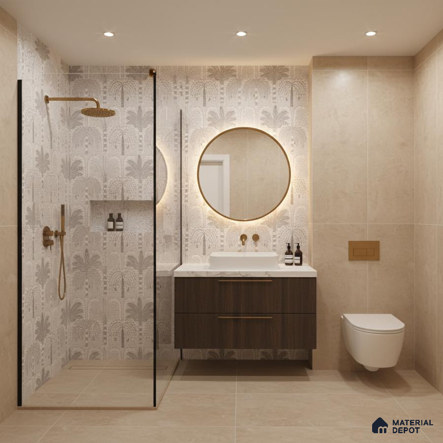 Modern bathroom with beige stone tiles, palm patterned highlighter wall tile, and walnut wood vanity