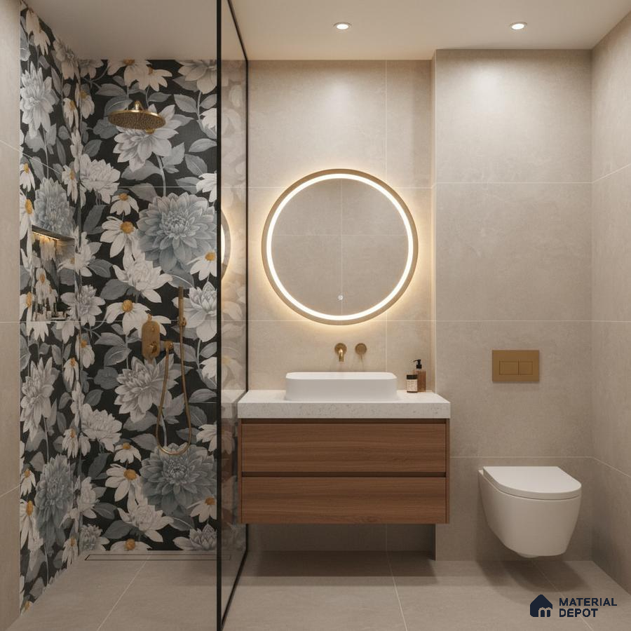 Modern bathroom with floral highlighter wall tile, beige stone-look wall tiles, and wooden vanity