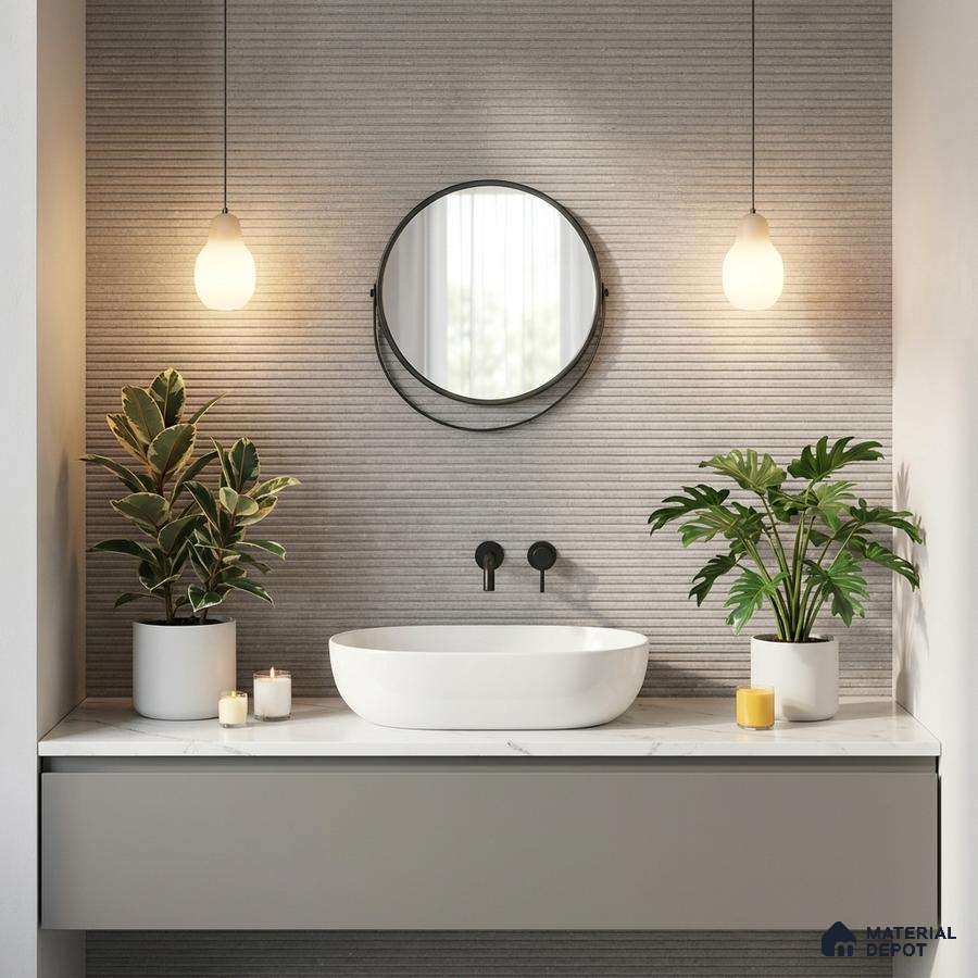 Minimalist bathroom with grey fluted wall tiles and white marble countertop