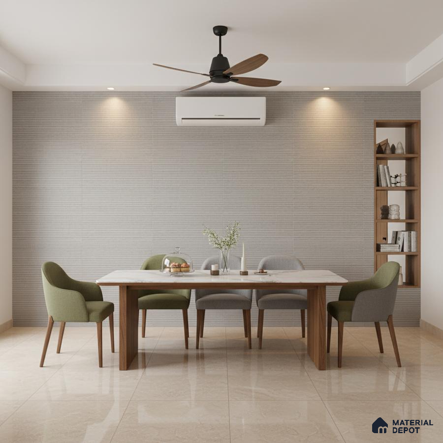 Scandinavian dining room with beige marble floor tiles and light grey textured wall panels