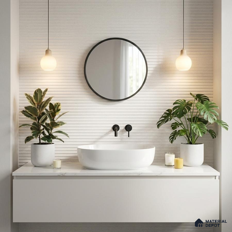 Minimalist bathroom with white fluted wall tiles and matte white floating vanity