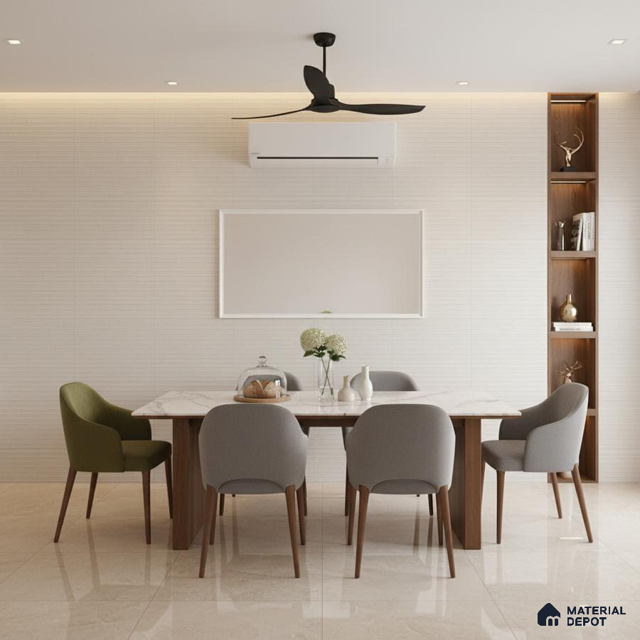 Minimalist dining room with marble top table, beige marble floor tiles, and wood accent shelving